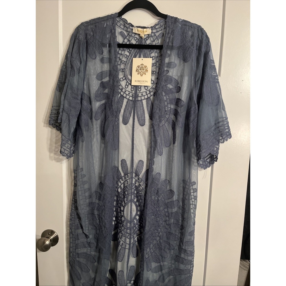 NWT Rebellion Again Blue Lace Cover Up Open Front Medium Blue Boho Beach